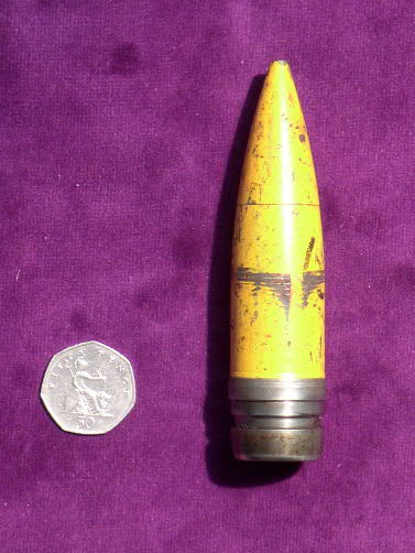 27 MM Mauser High Explosive Radway Green production round, inert model for ballast trials.